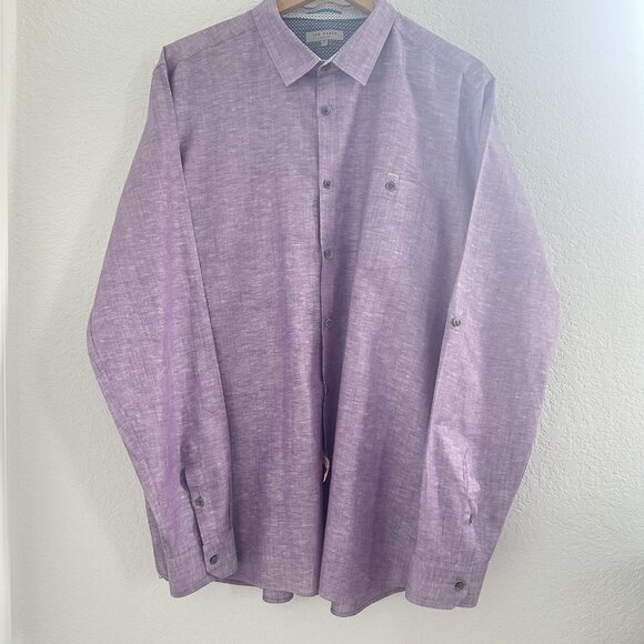 Ted Baker Shirt Mens 7 (L) Button Up Roll‎ L/S Linen Blend Casual Modern *READ - Picture 1 of 16